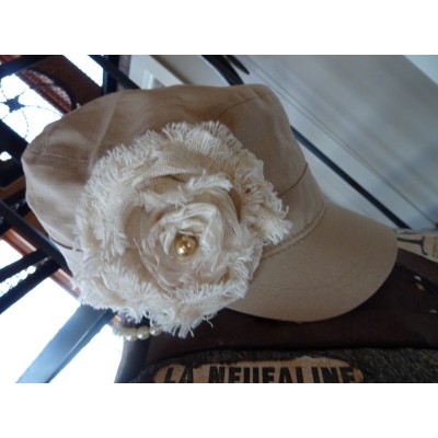 Upcycled  messenger Hat Cap beige Magnolia Shabby Faux Pearl OSFM Boho Eco  eb-37902672